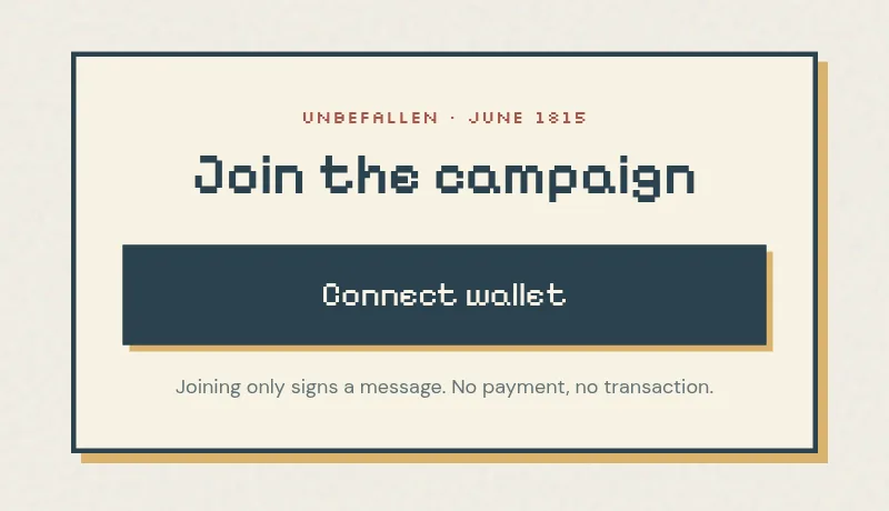 The Join the campaign card with a Connect wallet button and the note: joining only signs a message, no payment, no transaction.