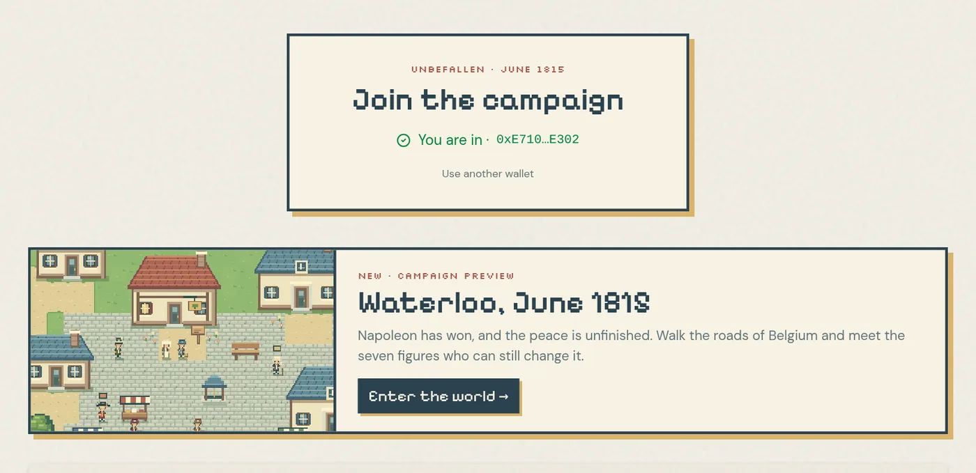 The signed-in state, showing You are in with a shortened wallet address, and the Waterloo, June 1815 card with an Enter the world button.