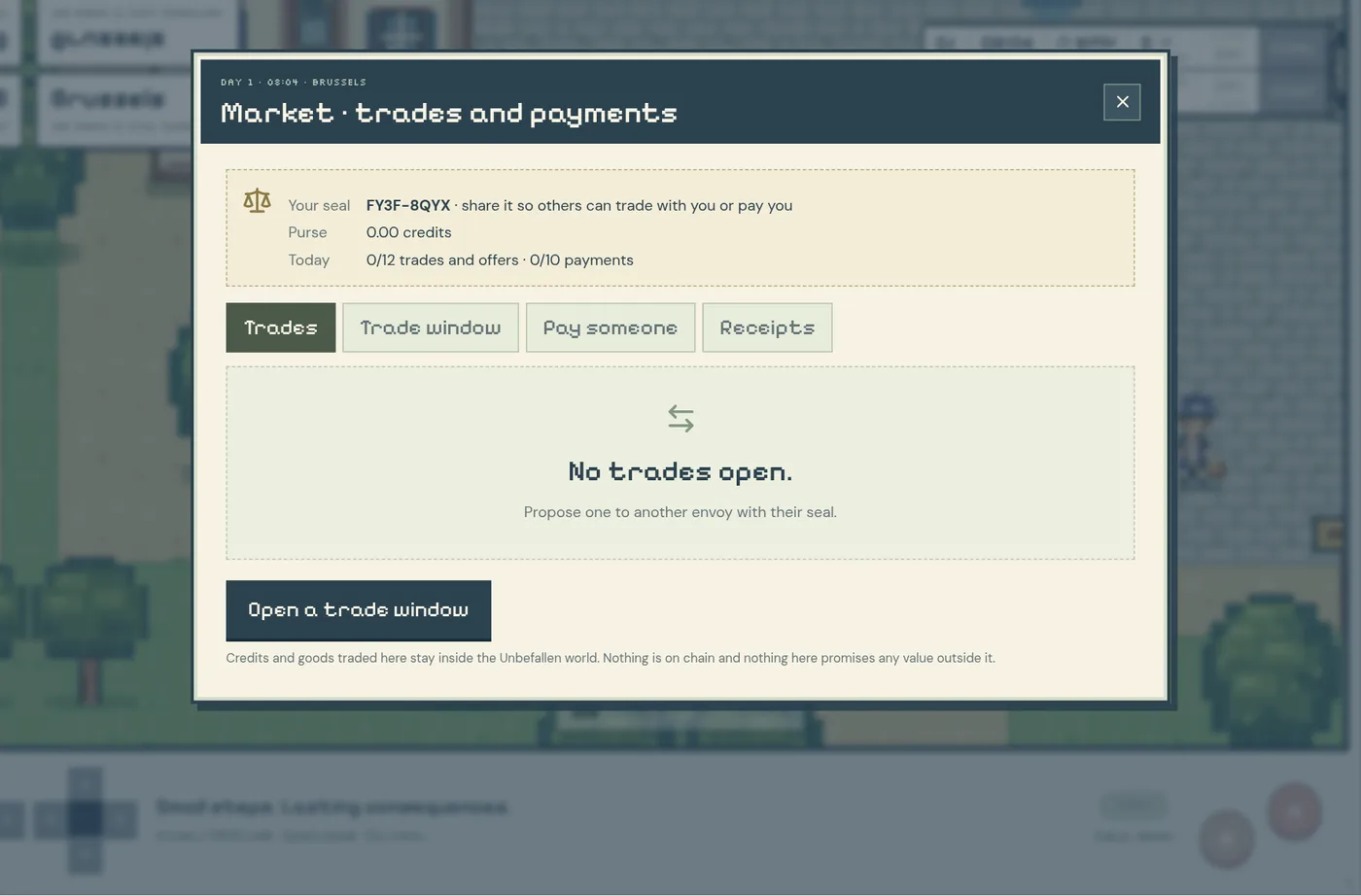 The Market panel with tabs for Trades, Trade window, Pay someone and Receipts, and a button to open a trade window.