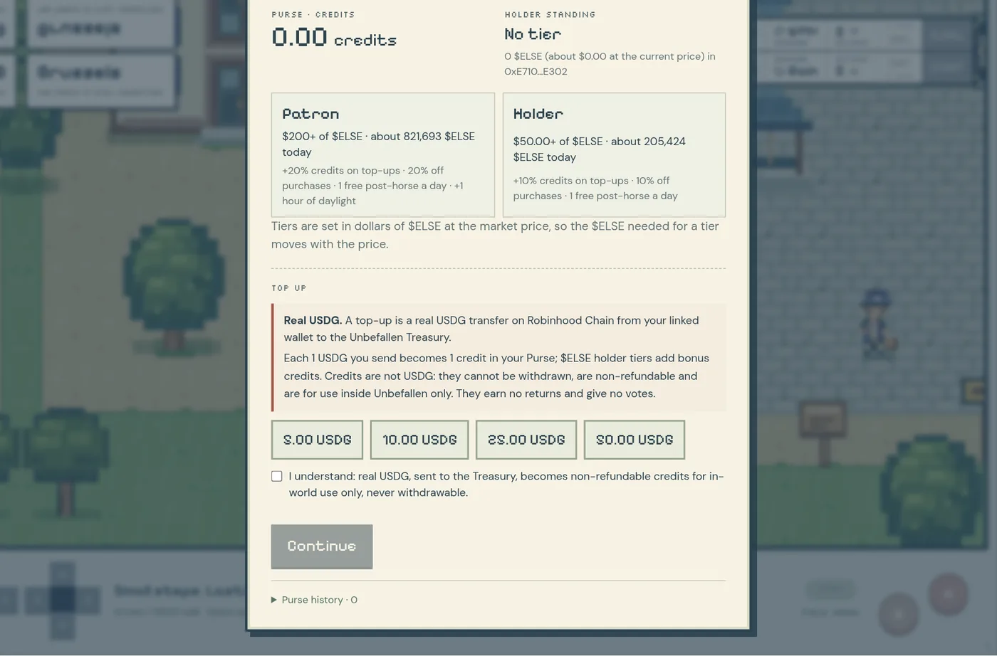The Purse panel: a credit balance, the $ELSE holder tiers, and top-up buttons with a confirmation checkbox explaining that credits are non-refundable and cannot be withdrawn.
