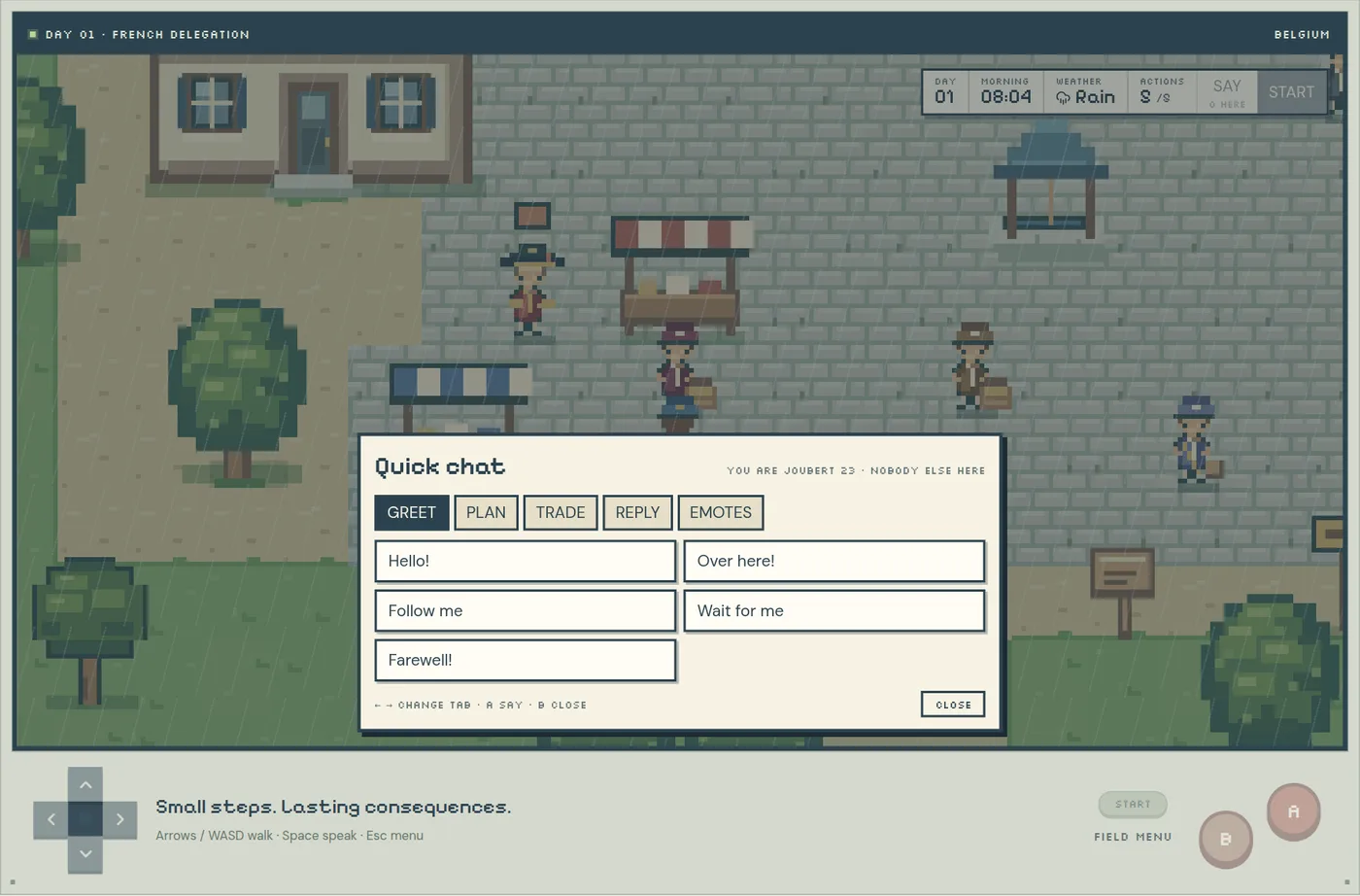 The Quick chat panel open over Brussels, with tabs Greet, Plan, Trade, Reply and Emotes, and phrases such as Hello, Over here, Follow me and Wait for me.