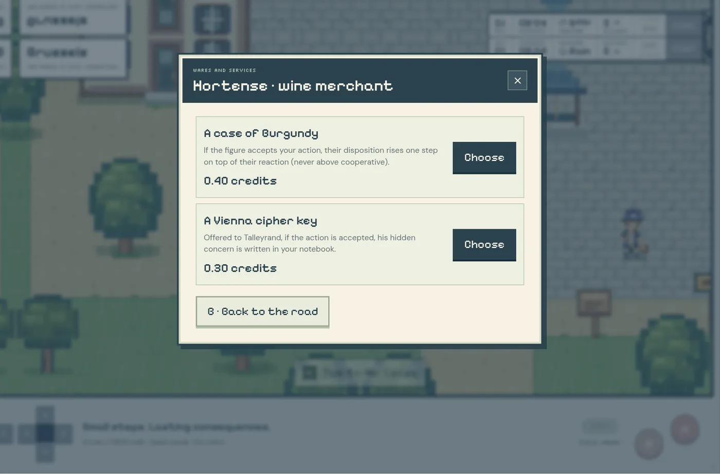 Hortense the wine merchant offering a case of Burgundy for 0.40 credits and a Vienna cipher key for 0.30 credits.
