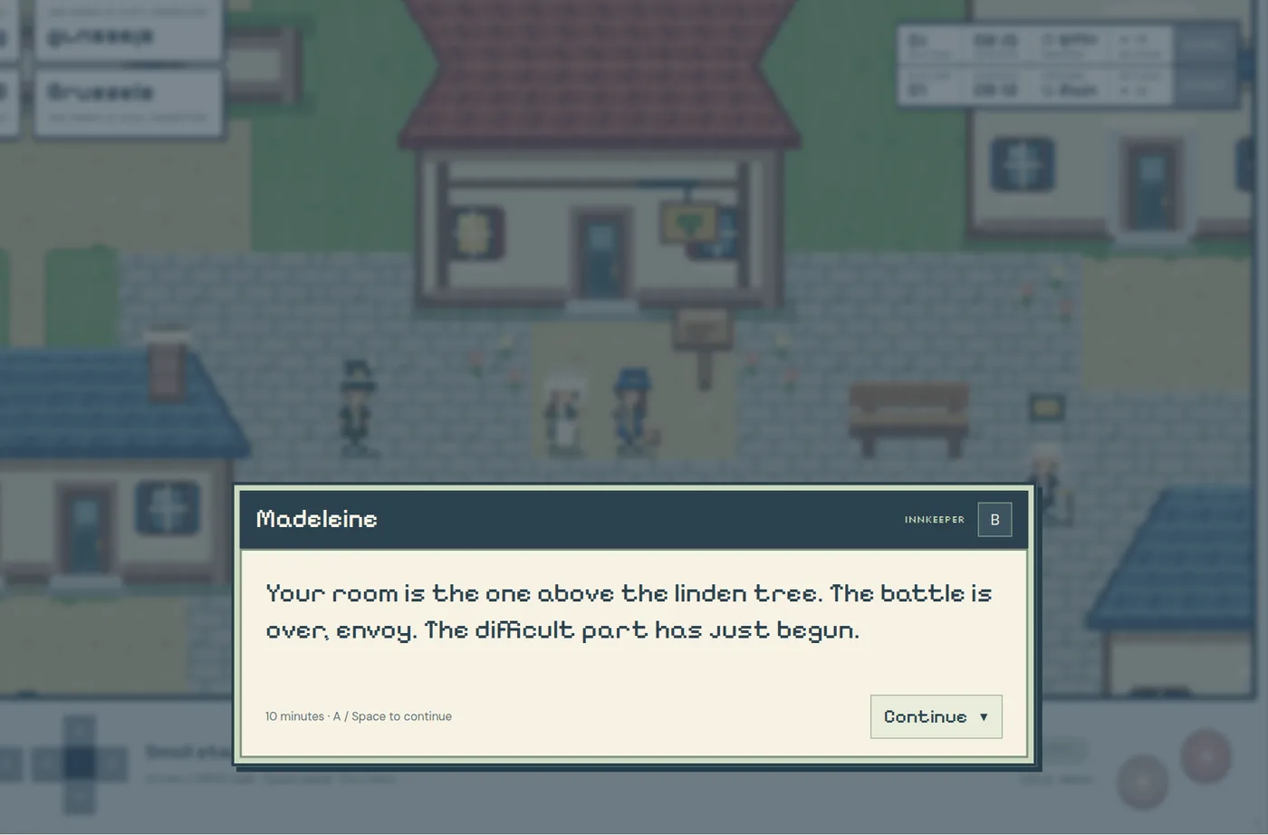 A dialogue box with Madeleine the innkeeper: your room is the one above the linden tree; the battle is over, envoy; the difficult part has just begun.
