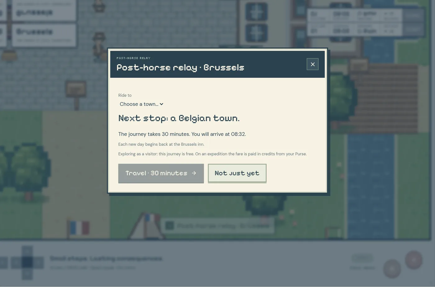 The Brussels post-horse relay panel: choose a town; the journey takes 30 minutes.