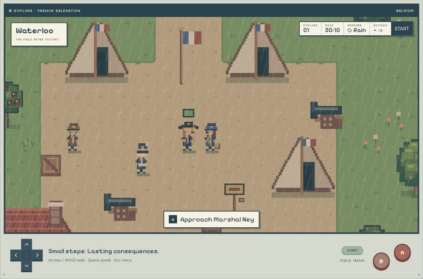 The French camp at Waterloo in pixel art: tents, flags, cannons and Marshal Ney, with the prompt Approach Marshal Ney.