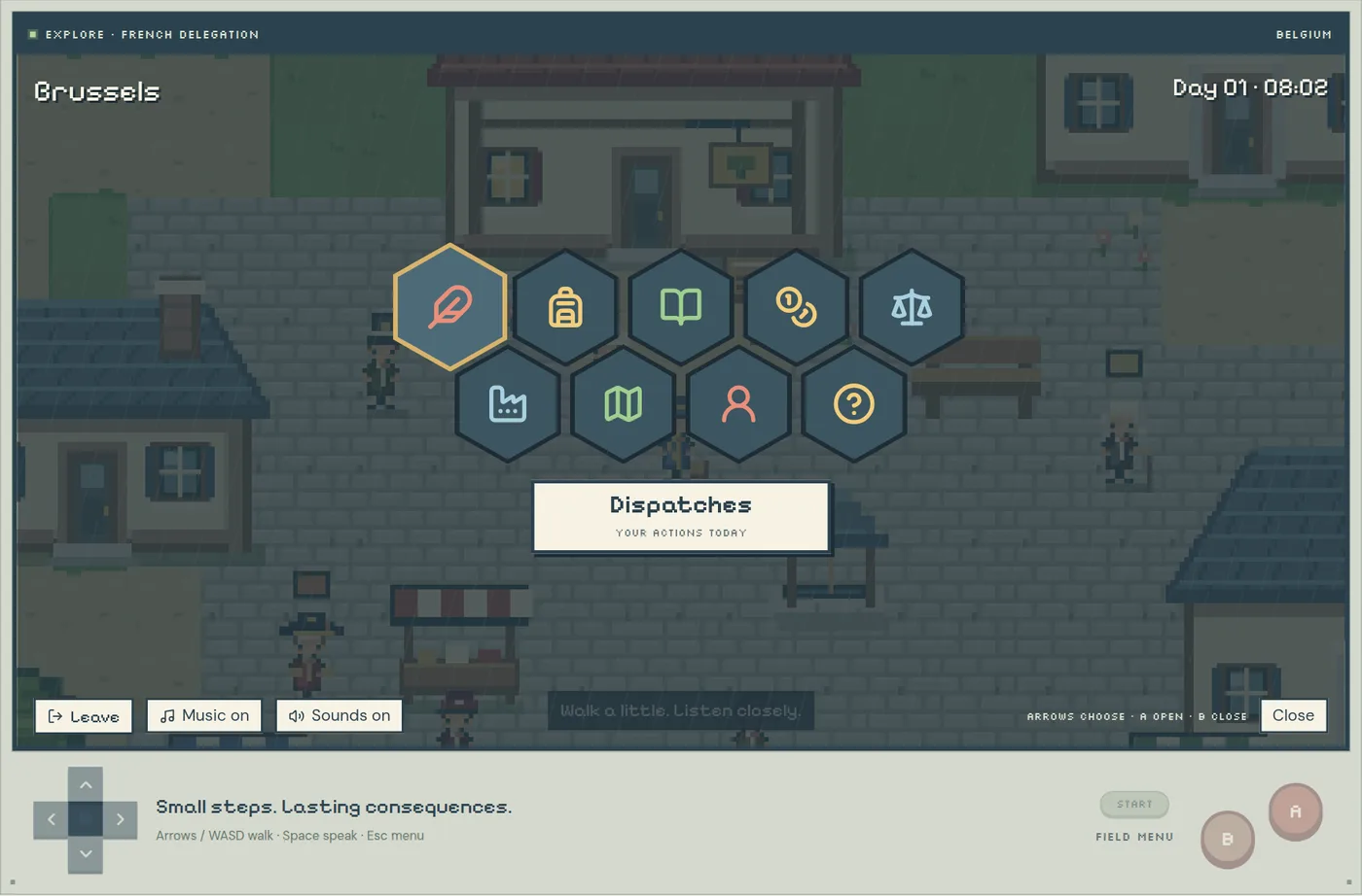 The START menu: a ring of hexagonal icons over the Brussels map, with Dispatches selected and Leave, Music on and Sounds on buttons below.
